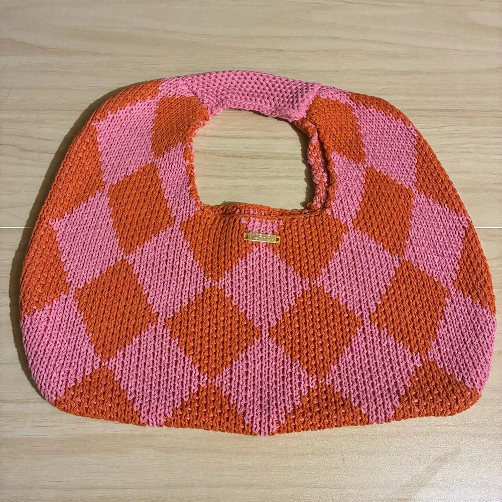 Kopari Knit Bag Crochet Circle Handbag Purse Woven Argyle 16x14 Pink/Orange Boho